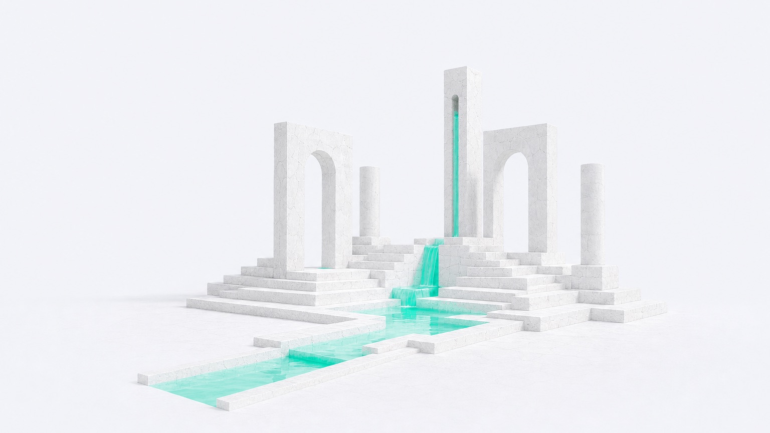 White stone arches and columns around a teal water channel, in the GetLiquid architectural style